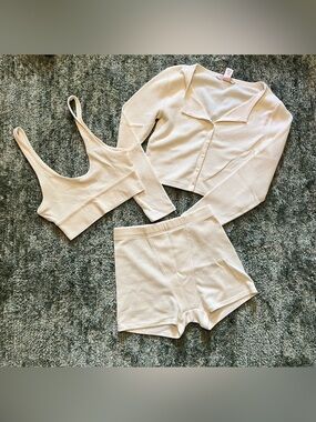 Victoria's Secret Waffle 3-Piece Sleep Set - Crop Cardigan, Tank, Shorts XS